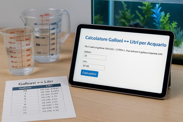 Calcolatore galloni litri per acquario con tabella di conversione USA UK
