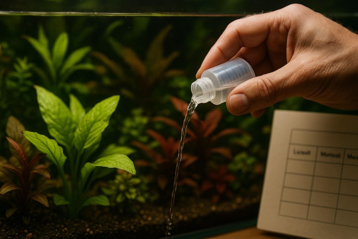 Mano che dosa fertilizzante liquido in acquario piantumato