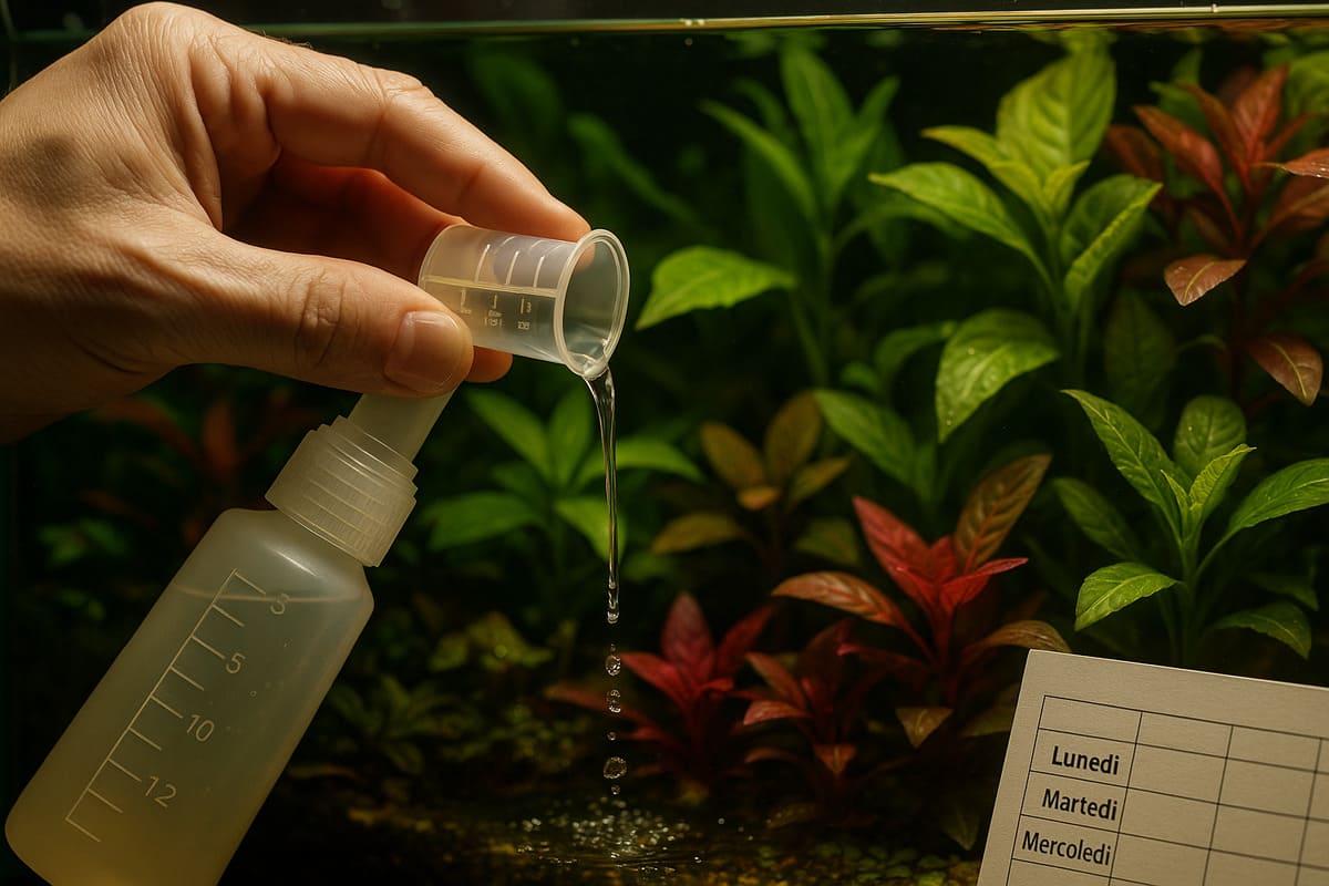 Mano che dosa fertilizzante liquido in un acquario piantumato con schema settimanale accanto