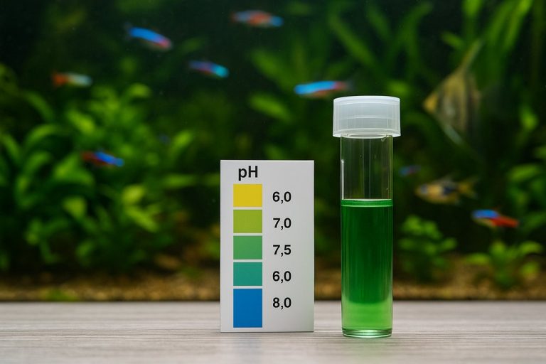 Test per pH liquido davanti a un acquario tropicale piantumato