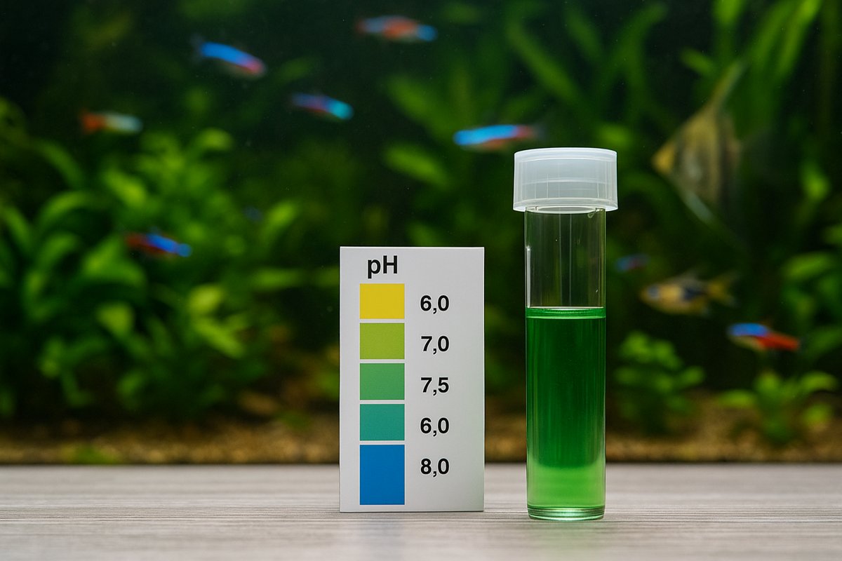 Test per pH liquido davanti a un acquario tropicale piantumato