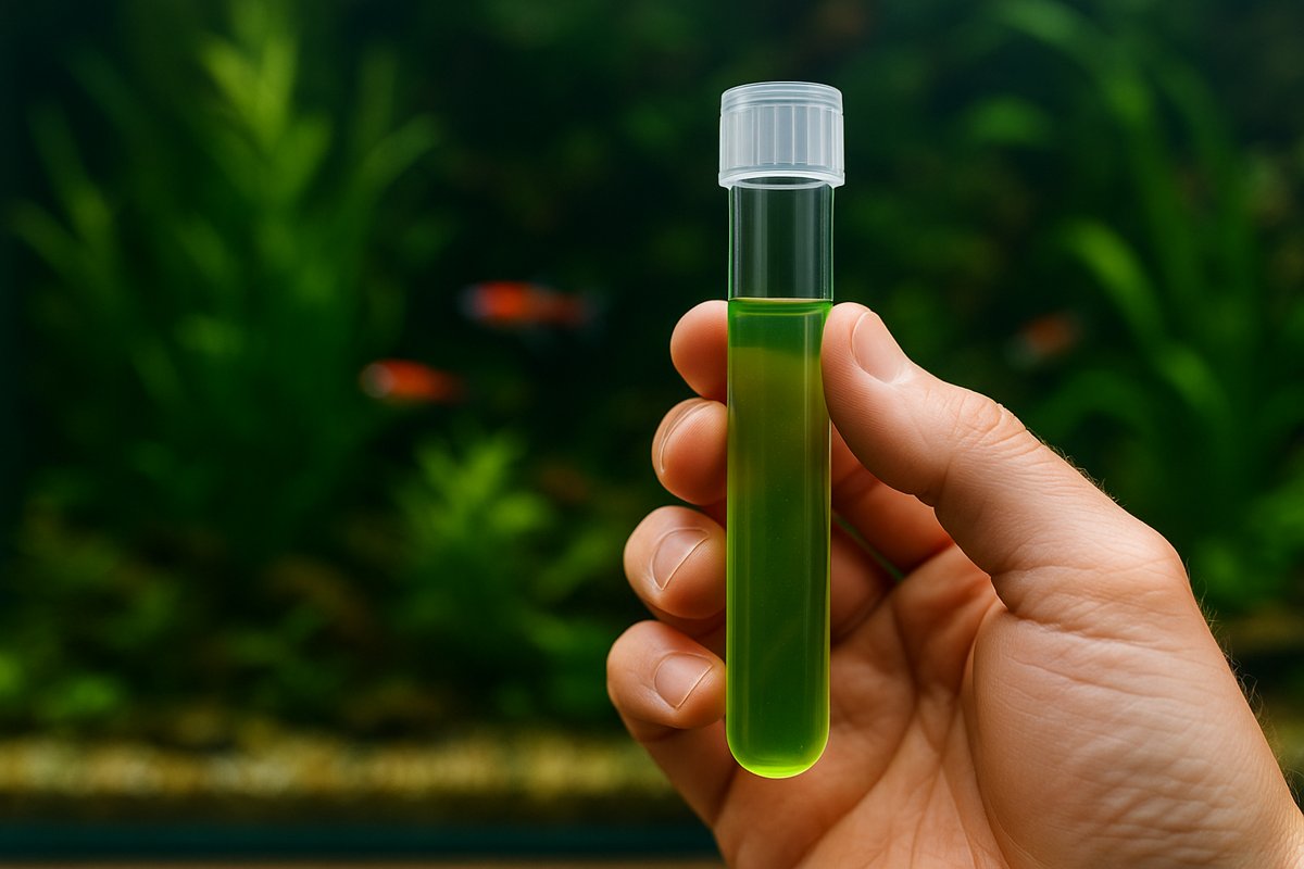 Mano che tiene una provetta con liquido verde davanti a un acquario piantumato