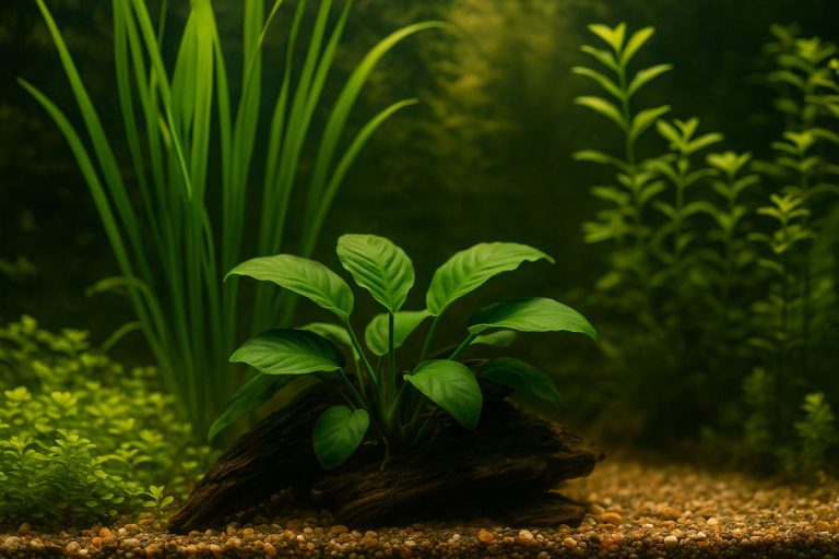 Acquario piantumato con piante resistenti come Anubias, Vallisneria e Hygrophila in acqua dolce.