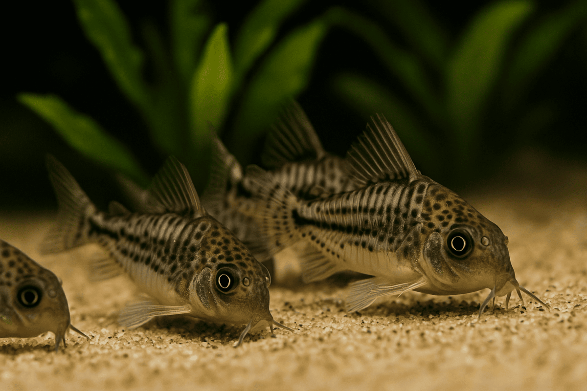 Un gruppo di Corydoras esplora il fondo sabbioso di un acquario con piante acquatiche sullo sfondo.