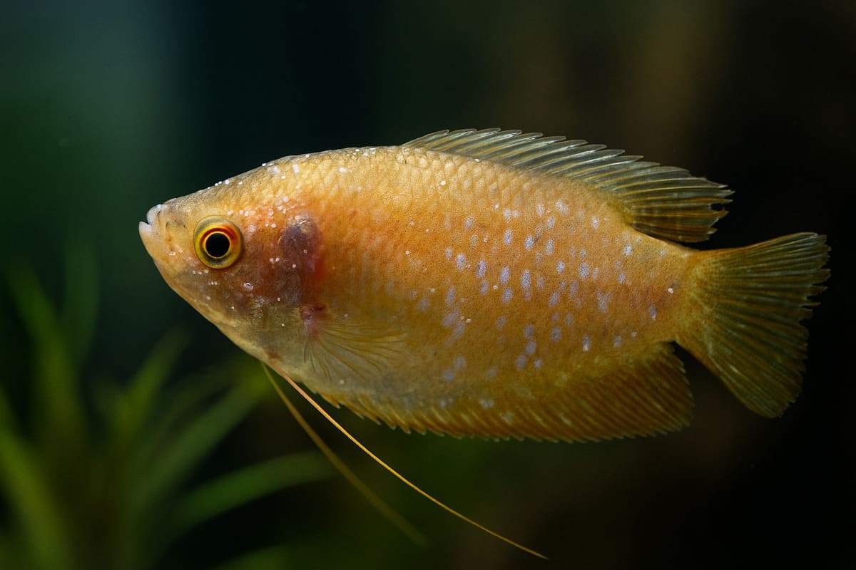 esce tropicale con puntini bianchi, pinne sfrangiate e colori sbiaditi