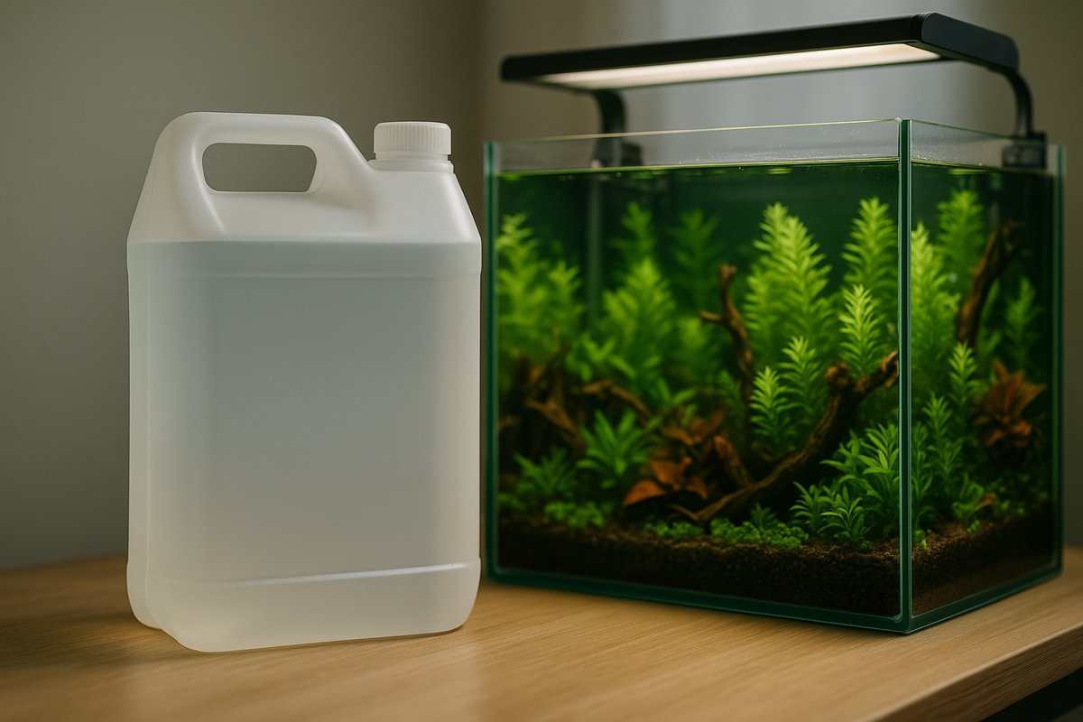 Tanica trasparente accanto a un acquario piantumato