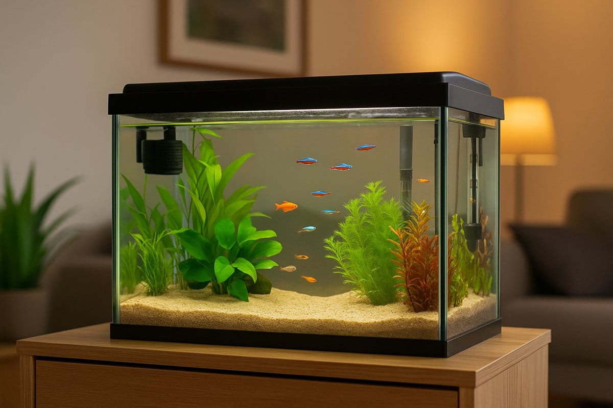 Acquario da 60 litri piantumato con piccoli pesci tropicali