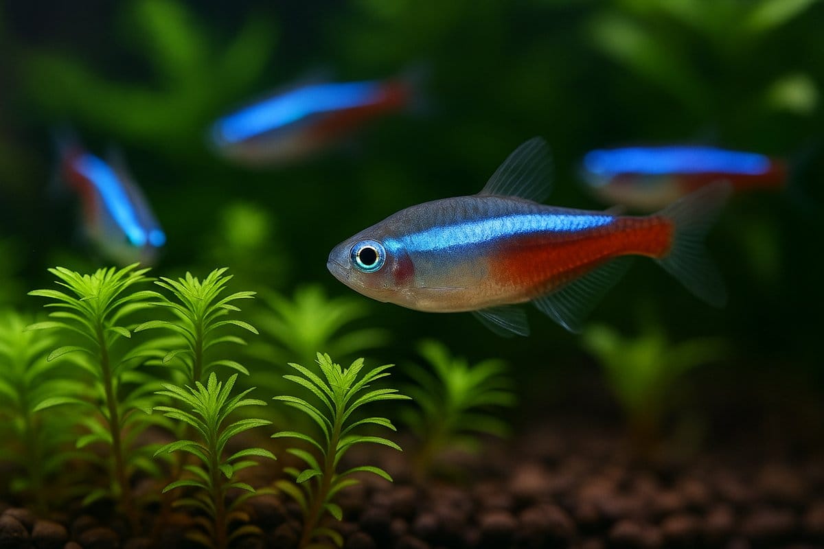 Neon Tetra che nuotano in un acquario da 60 litri piantumato