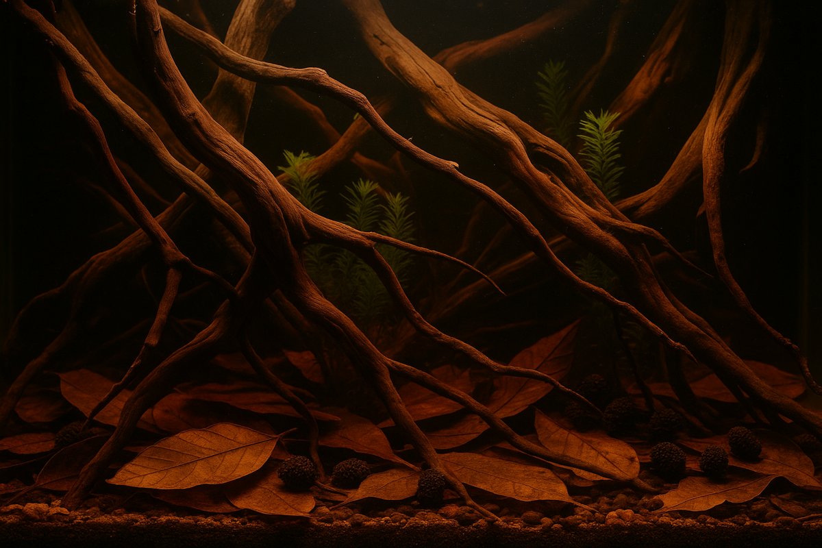 Acquario in stile Blackwater con legni e foglie rilascianti tannini