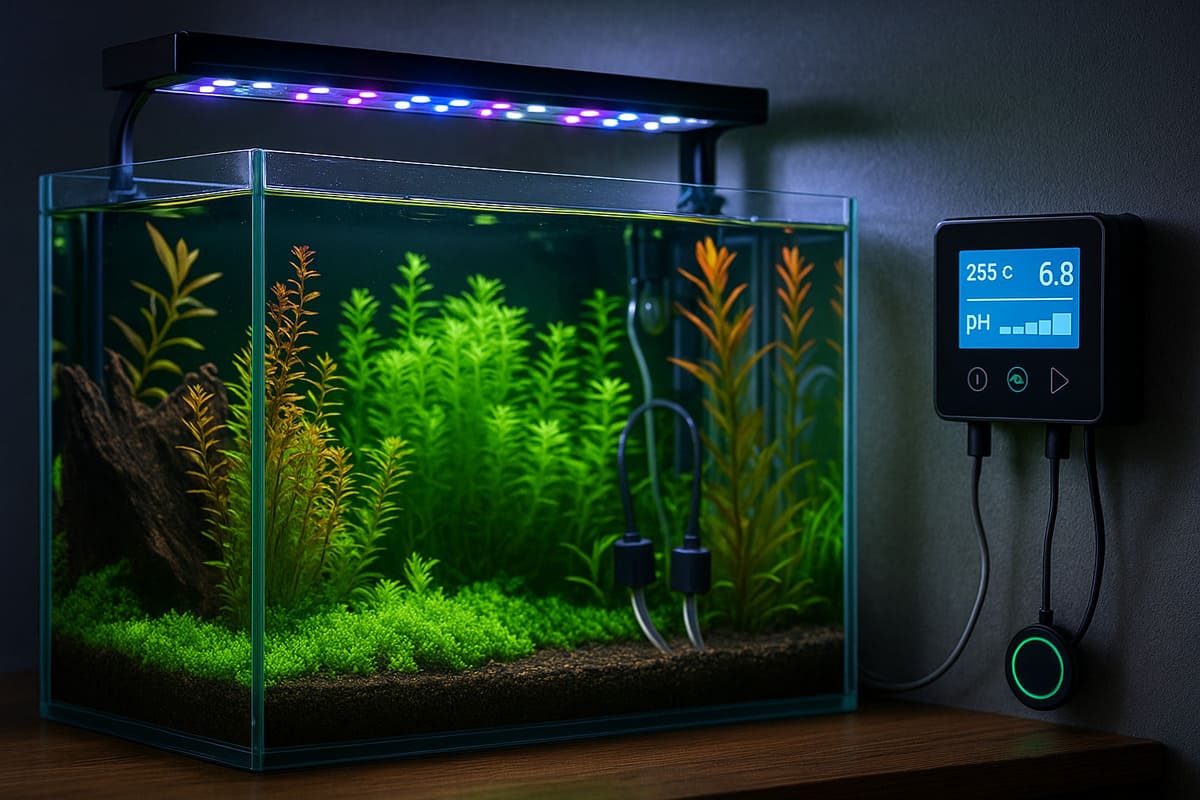 Acquario moderno con luci LED e sensori digitali