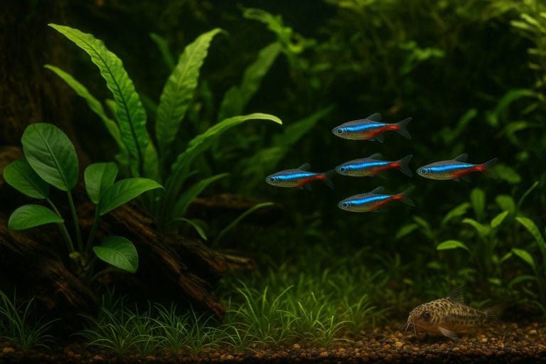 Acquario naturale con neon tetra a mezz’acqua e Corydoras sul fondo tra Anubias e muschi