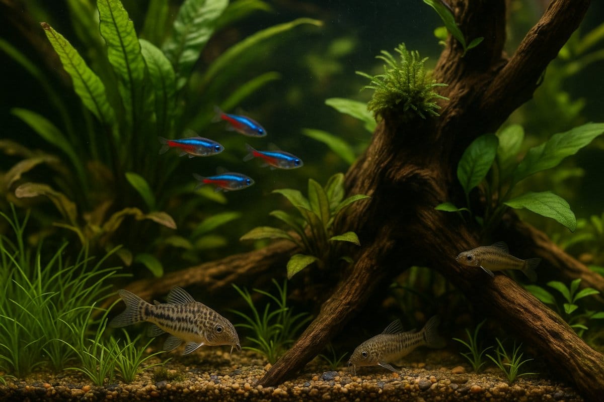 Acquario naturale piantumato con neon tetra a mezz’acqua, Corydoras sul fondo e Anubias su legni