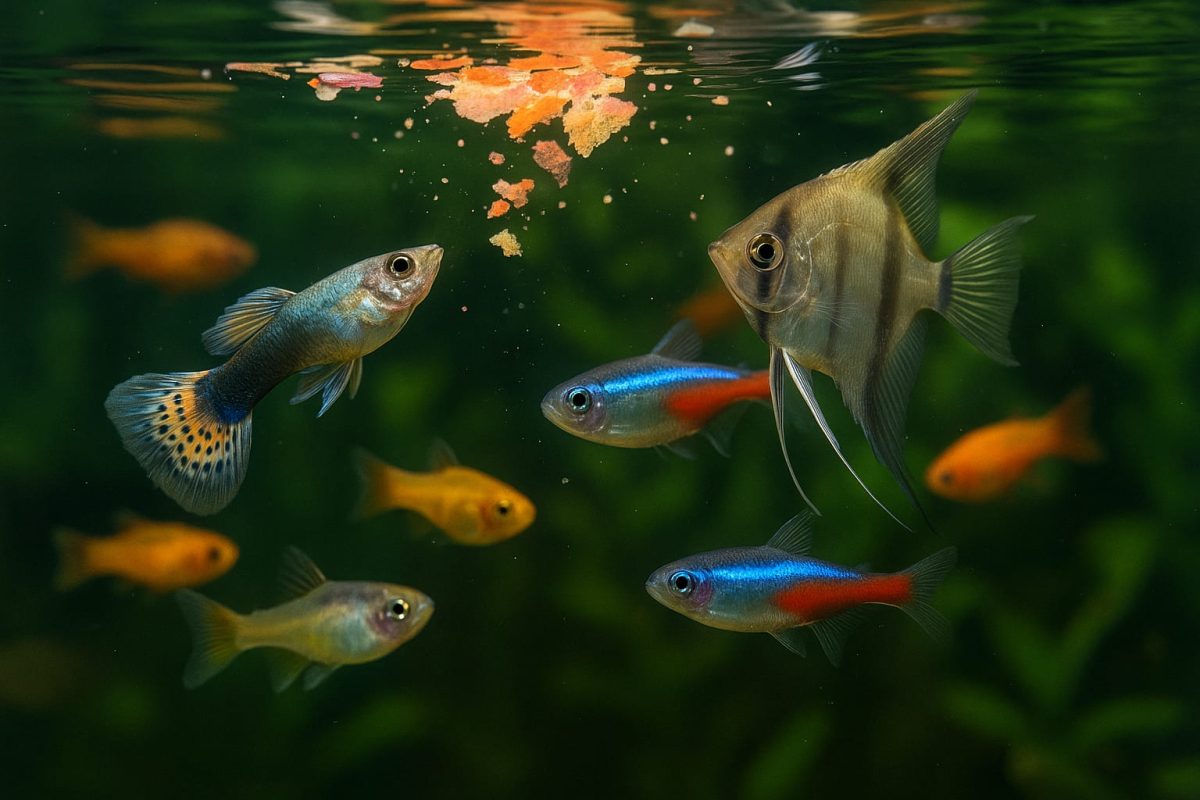 Pesci tropicali che mangiano fiocchi in acquario.