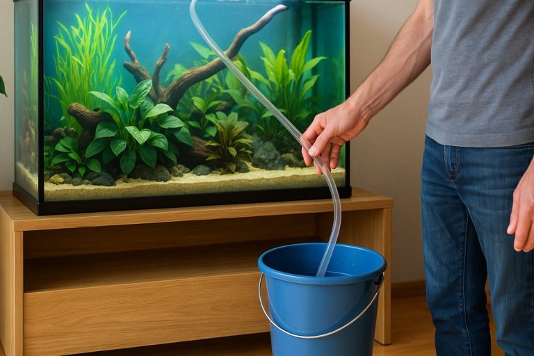 Cambio d’acqua in acquario con tubo e secchio.