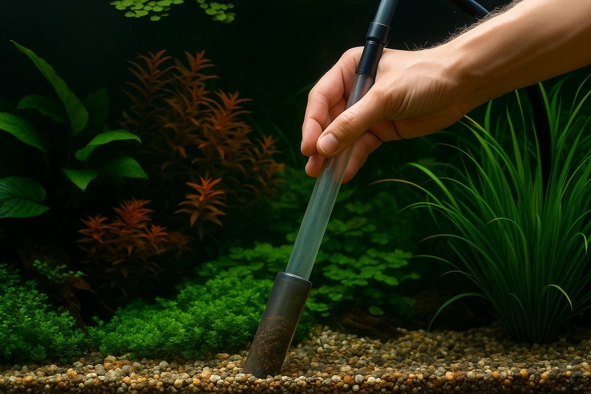 Tubo di sifonaggio collegato a un secchio durante un cambio d’acqua in acquario.