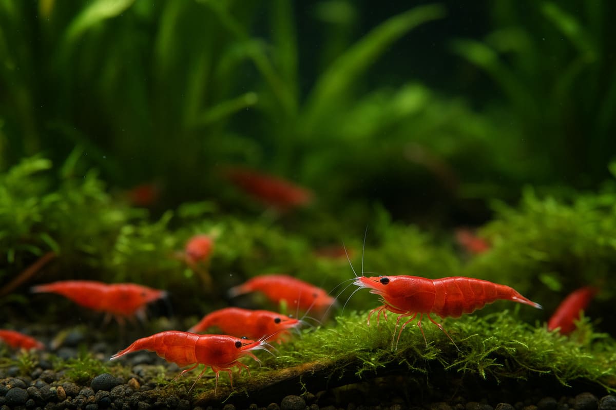 Caridine Red Cherry in gruppo su muschio in acquario
