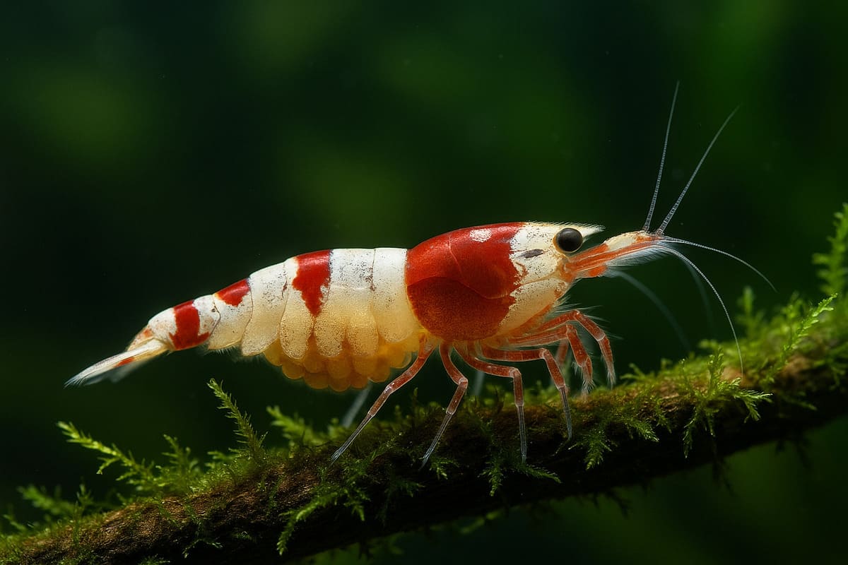 Dettaglio ravvicinato di una caridina Crystal Red gravida su muschio