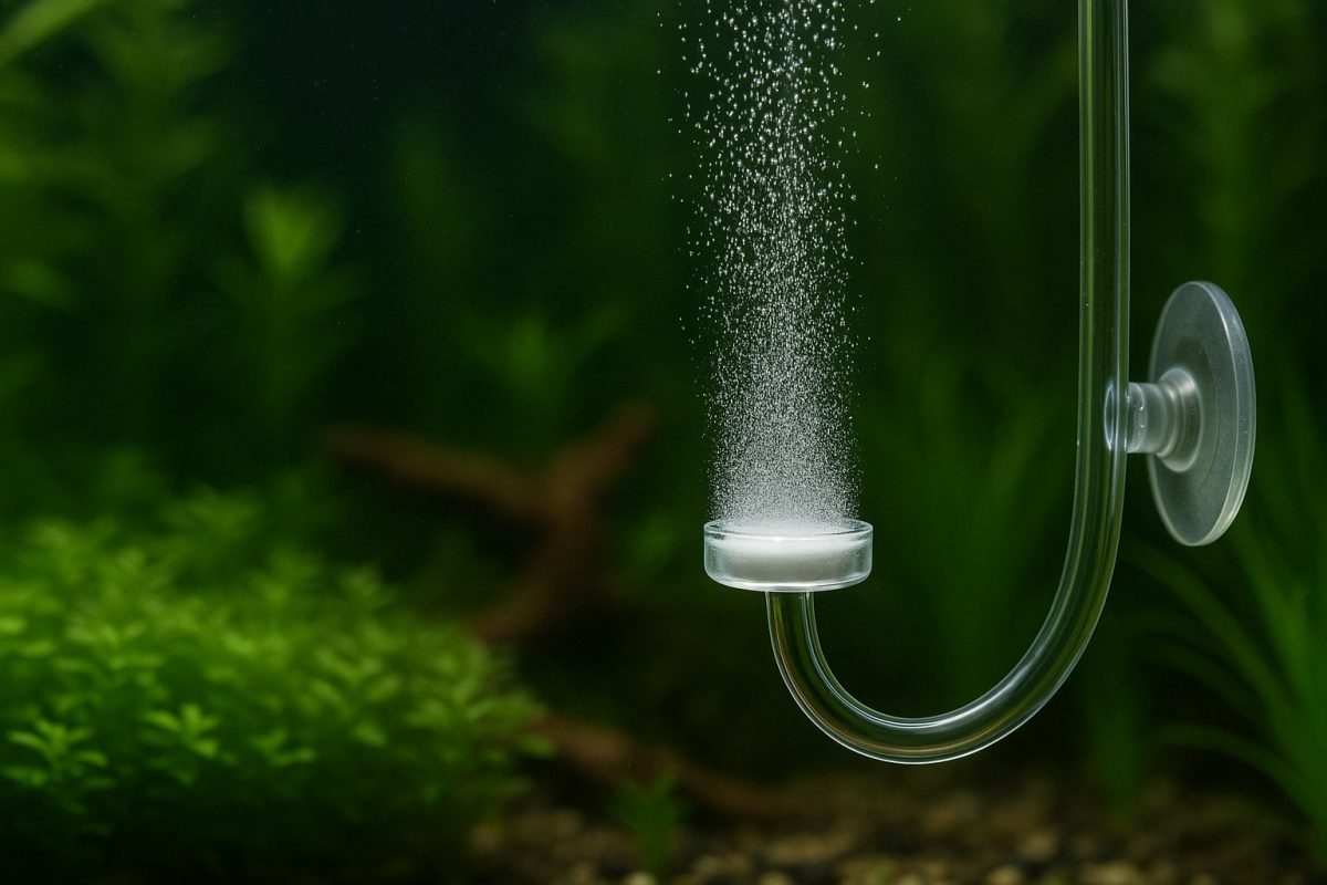 Diffusore CO₂ in vetro che rilascia bollicine in un acquario piantumato