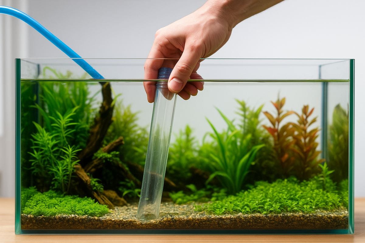 Cambio d’acqua in un acquario piantumato con campana aspirarifiuti.