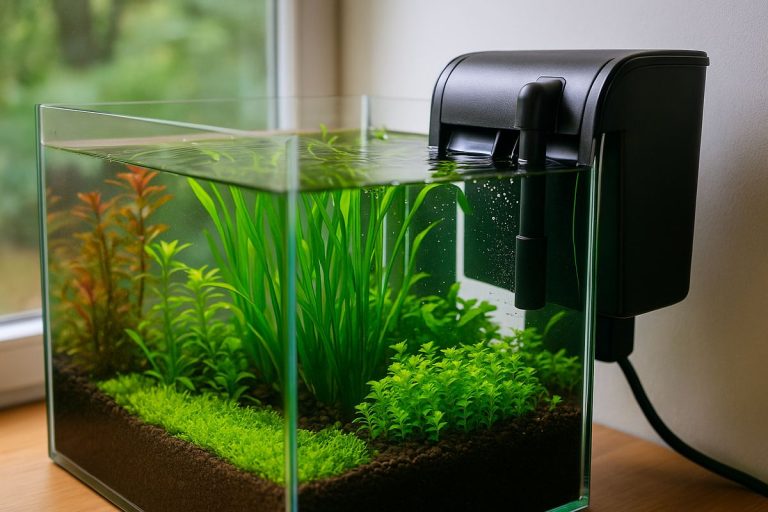 Acquario d’acqua dolce piantumato con filtro esterno visibile accanto alla vasca.