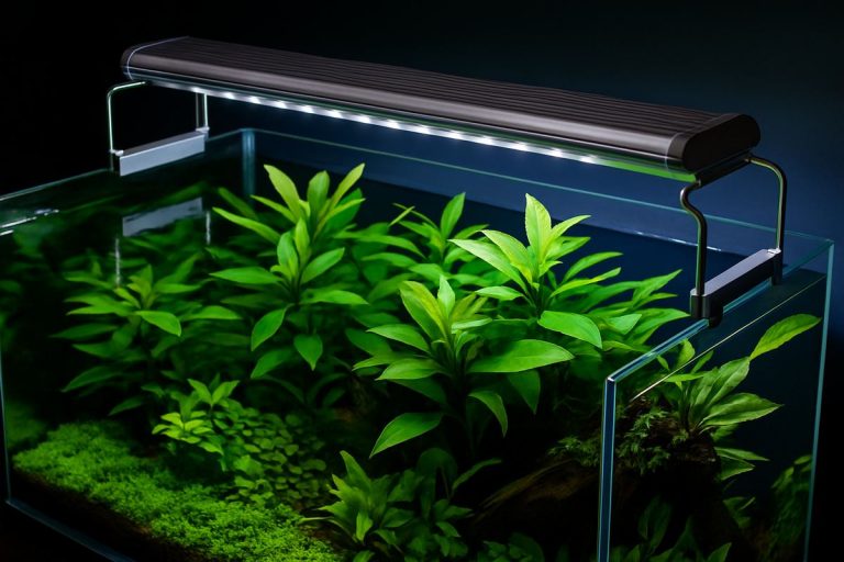 cquario d’acqua dolce illuminato da luci LED moderne con piante rigogliose.
