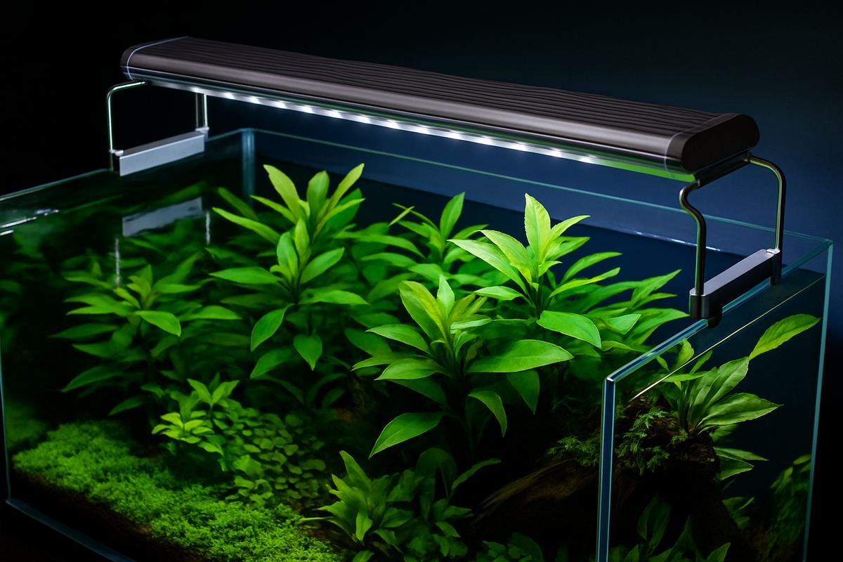 cquario d’acqua dolce illuminato da luci LED moderne con piante rigogliose.