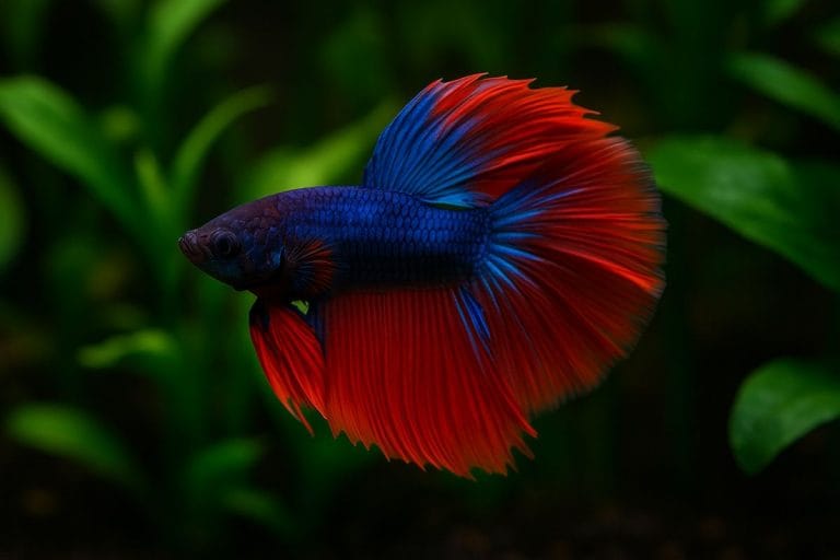 Pesce Betta maschio dai colori rosso e blu in acquario piantumato.