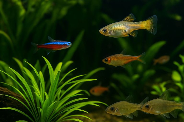 Acquario di comunità con pesci neon, Corydoras e Guppy tra piante e legni naturali.