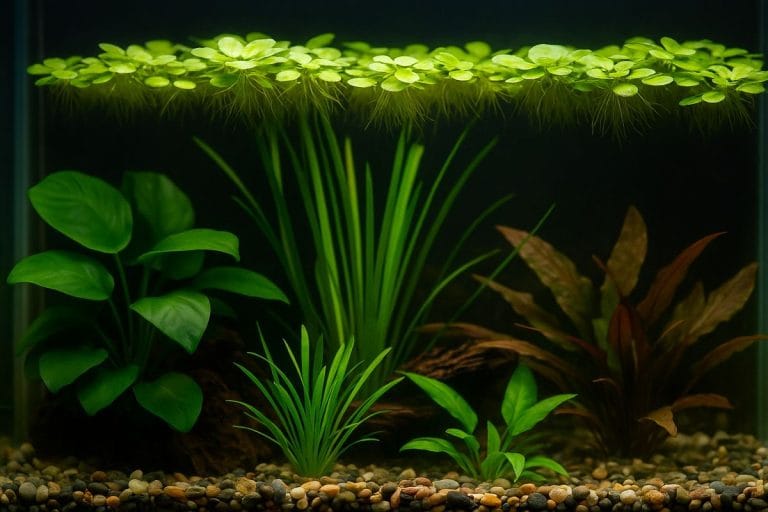 Acquario piantumato con piante facili come Anubias e Vallisneria.