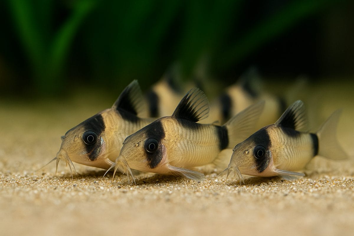 Corydoras Panda in gruppo che esplorano il substrato di un acquario