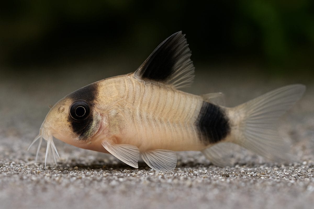 Corydoras Panda che nuota sul fondo sabbioso di un acquario piantumato