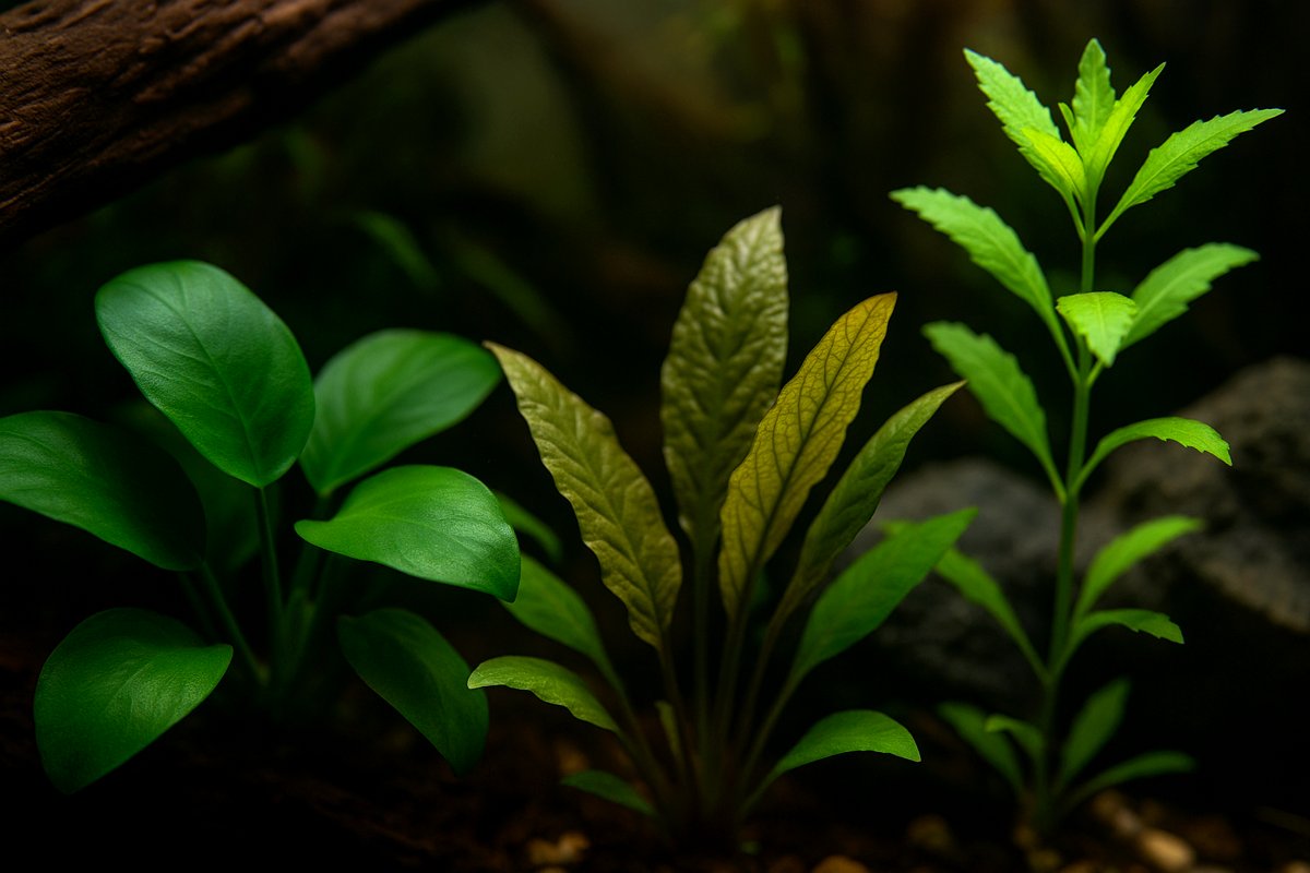 Primo piano di Anubias, Cryptocoryne e Hygrophila in acquario low-tech