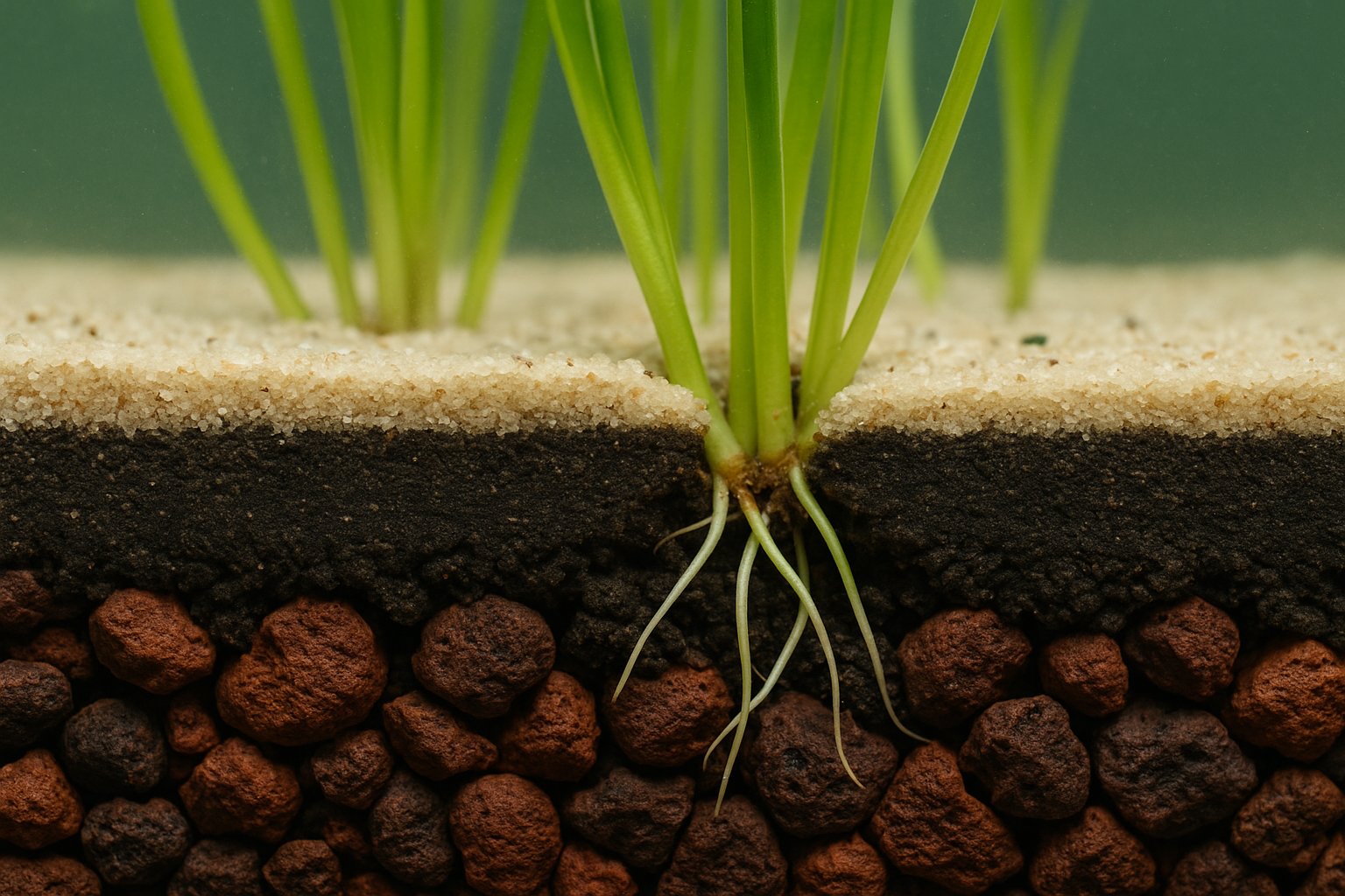 Radici di piante acquatiche immerse in substrato fertile stratificato con lapi