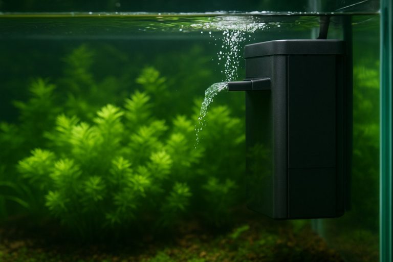 Filtro biologico interno classico in un acquario piantumato.