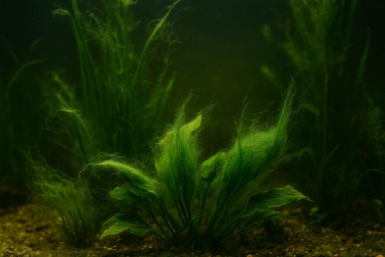 Acquario con alghe verdi filamentose e acqua torbida
