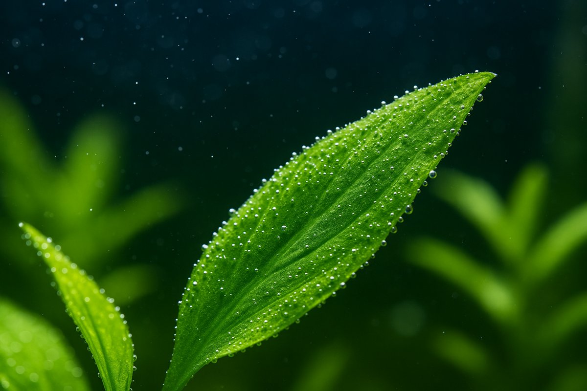 Dettaglio di foglia acquatica con bollicine di ossigeno (pearling)