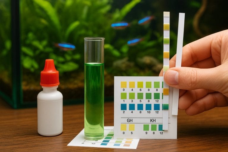 Test GH e KH in acquario con provetta e cartine reattive davanti a un acquario naturale