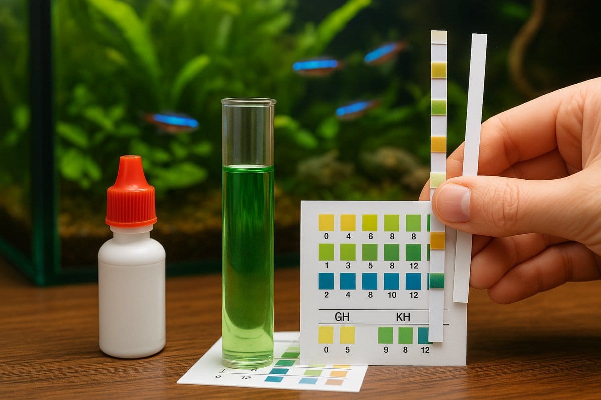 Test GH e KH in acquario con provetta e cartine reattive davanti a un acquario naturale