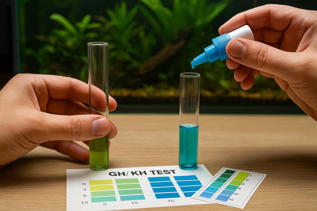 Mani che eseguono test GH e KH in acquario con provette verde e azzurra e cartine colorimetriche