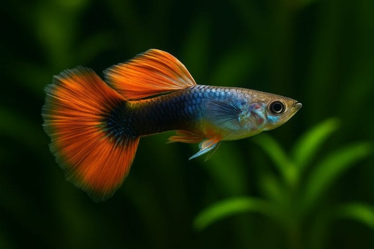 Guppy maschio con pinna caudale a velo in un acquario tropicale