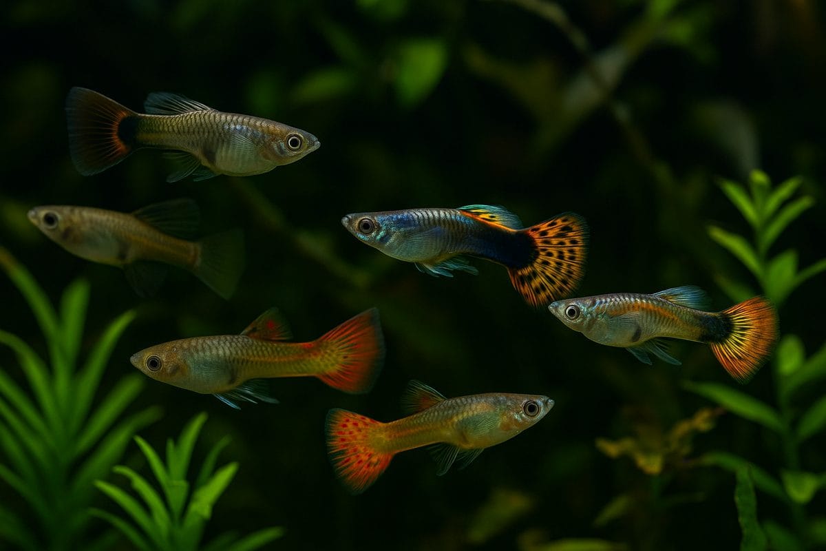 Guppy maschi e femmine che nuotano insieme in un acquario piantumato