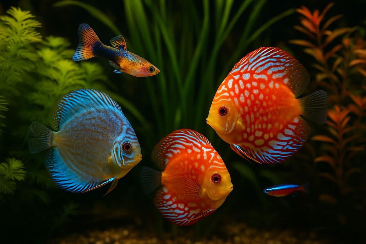 Discus colorati, un guppy e un neon/cardinale in un acquario tropicale piantumato