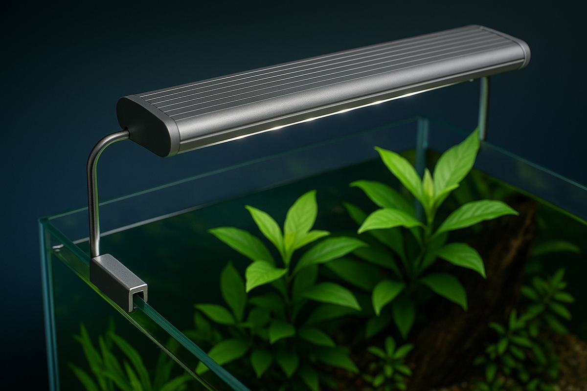 Lampada LED montata su un acquario piantumato con piante verdi.