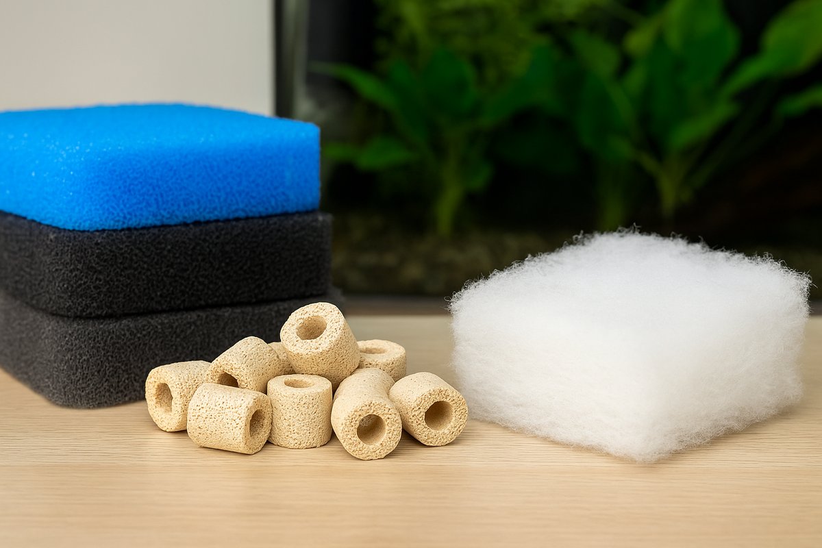 Materiali filtranti per acquario: spugne, cannolicchi e lana di perlon.