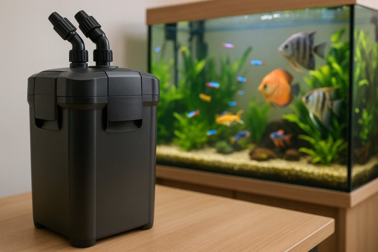 Filtro esterno standard davanti a un acquario tropicale illuminato