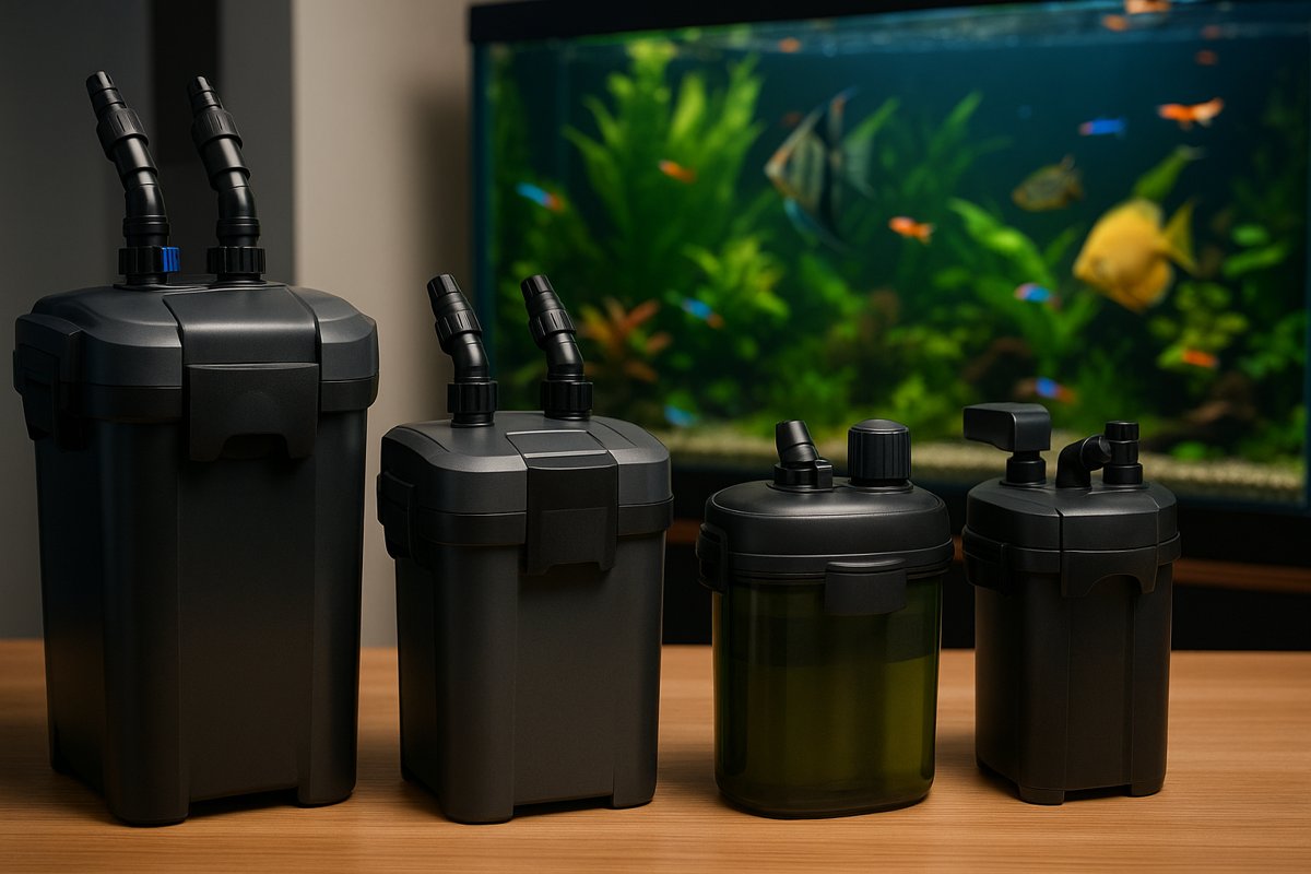 Filtri esterni in primo piano con acquario tropicale sullo sfondo