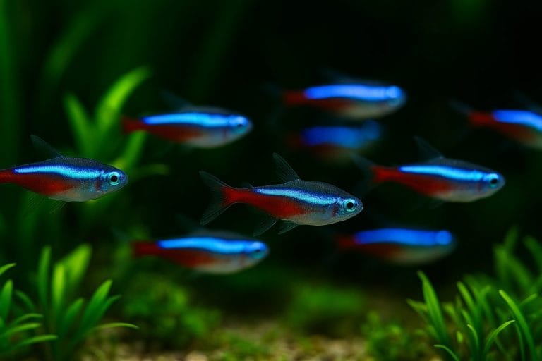 Pesci Neon Tetra (Paracheirodon innesi) che nuotano in banco in un acquario tropicale