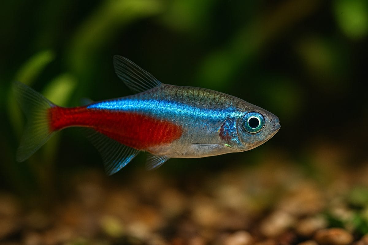 Neon Tetra singolo in acquario, con colorazione blu e rossa ben visibile