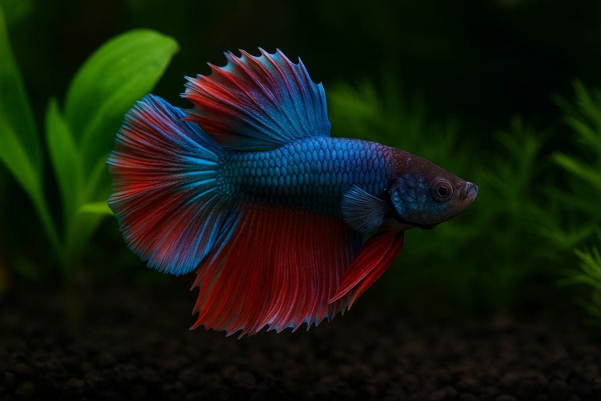 Dettaglio di un Betta halfmoon blu con riflessi rossi tra piante acquatiche.