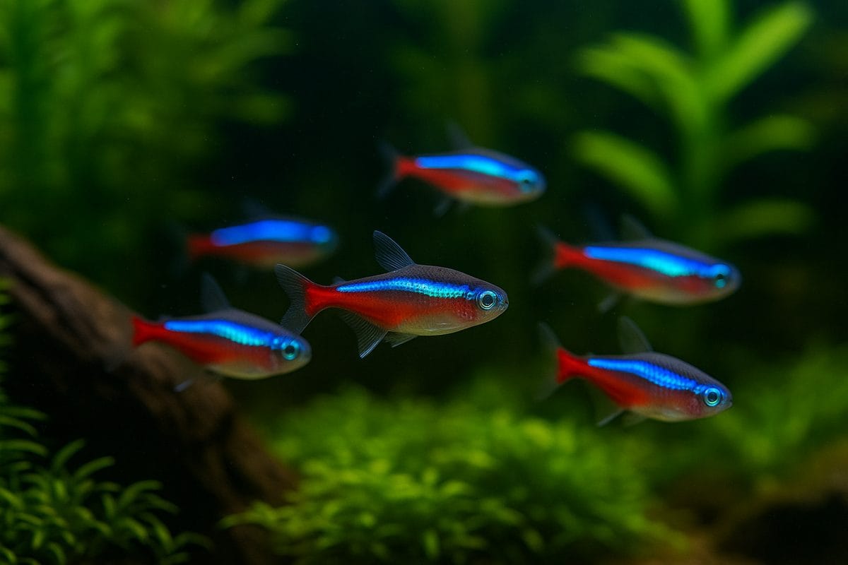 Pesci Cardinali (Paracheirodon axelrodi) che nuotano in banco in un acquario con vegetazione